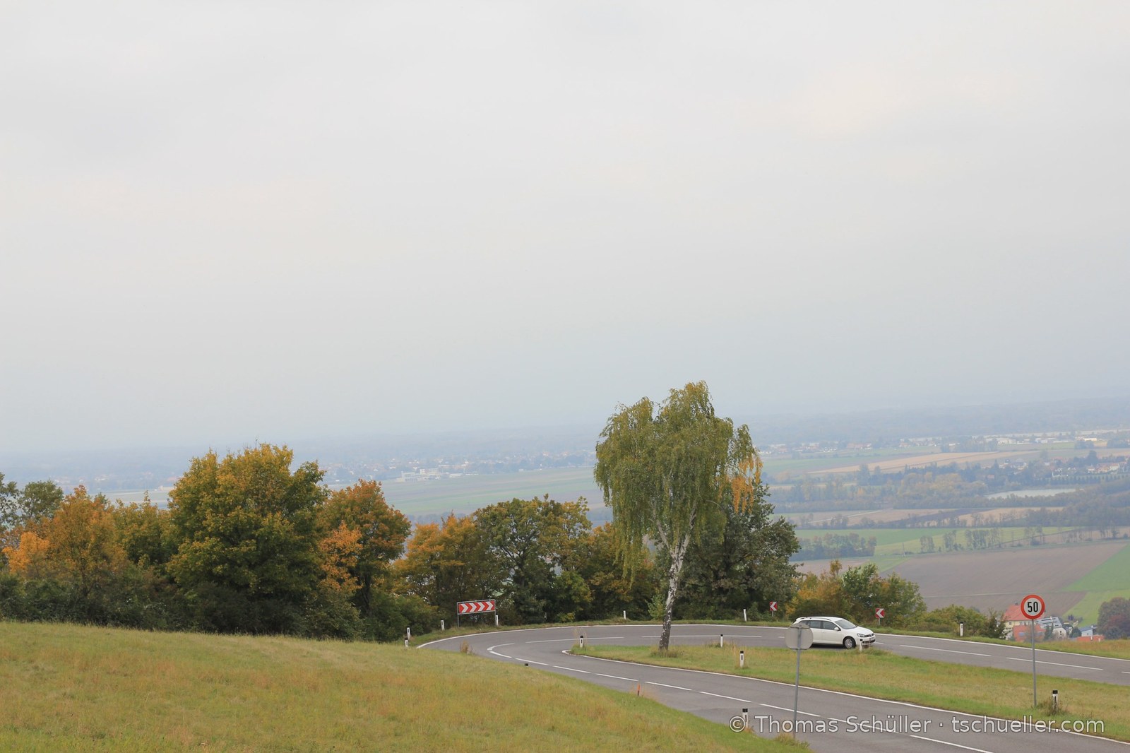Straßenkehre mit Birke, dahinter die Ebene im Dunst